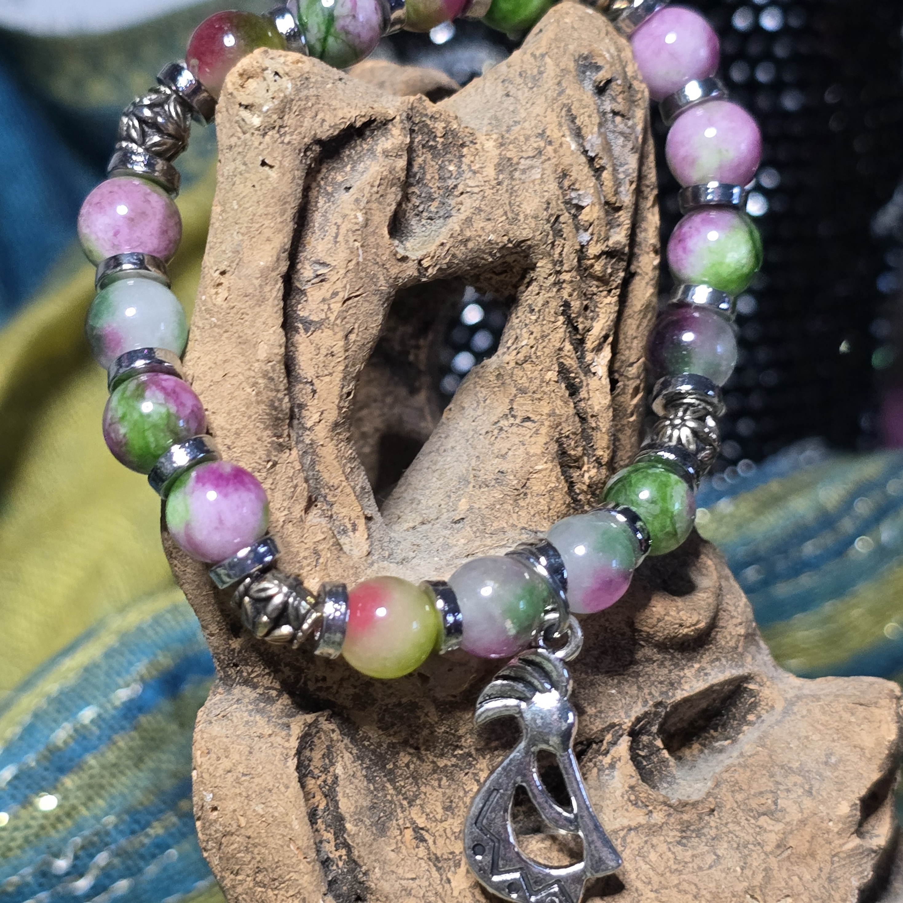 Multicolor Pink & Green Beaded Stretch Bracelet With Silver Charm